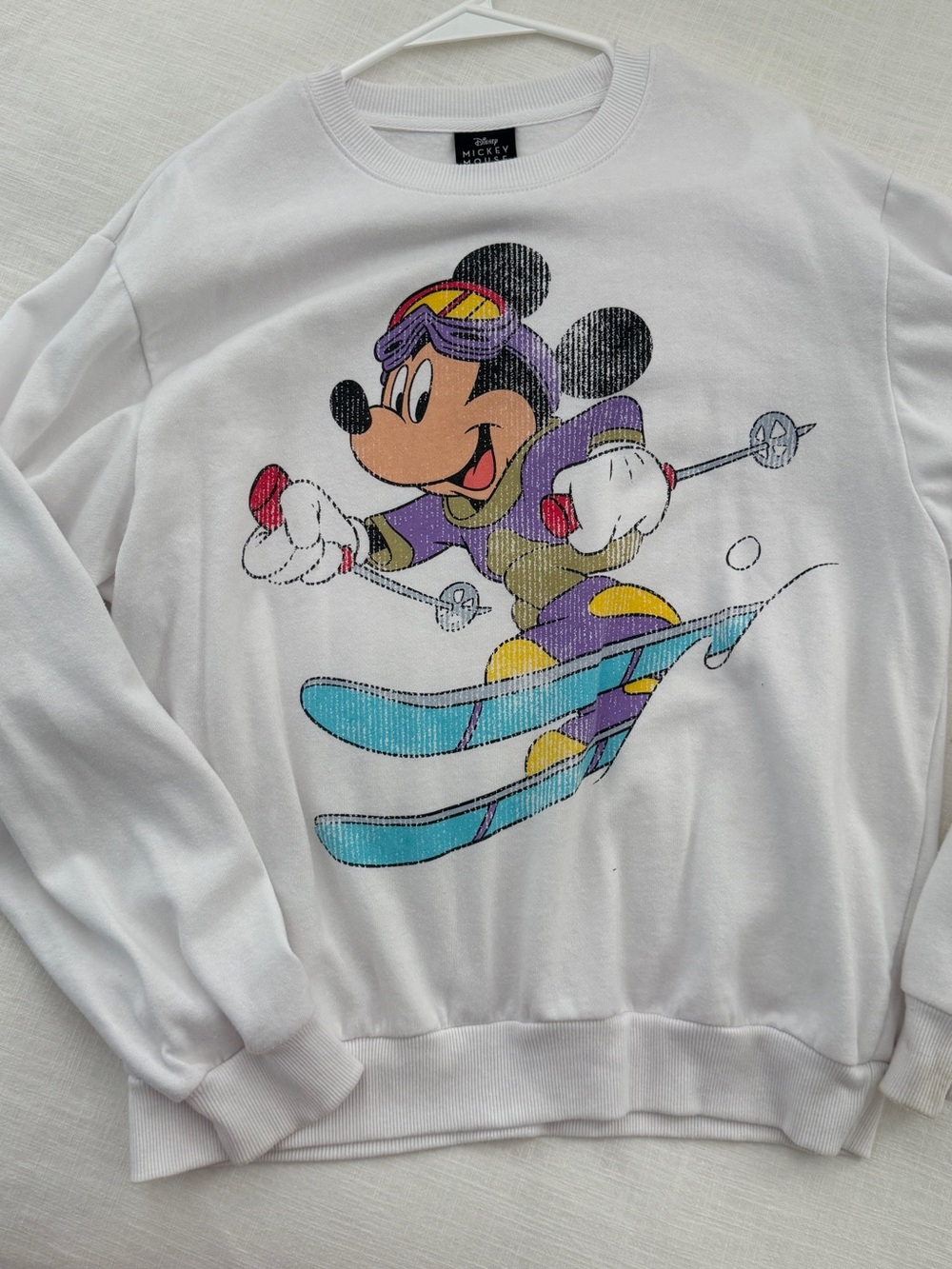 Disney White Crewneck Sweatshirt with Colorful Skiing Mickey Graphic